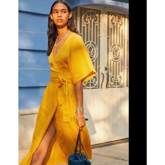 NWT urban outfitters yellow print wrap short sleeved dress size small - Picture 3 of 14